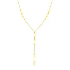 14K Yellow Gold Lariat Necklace with Paperclip Chain Stations