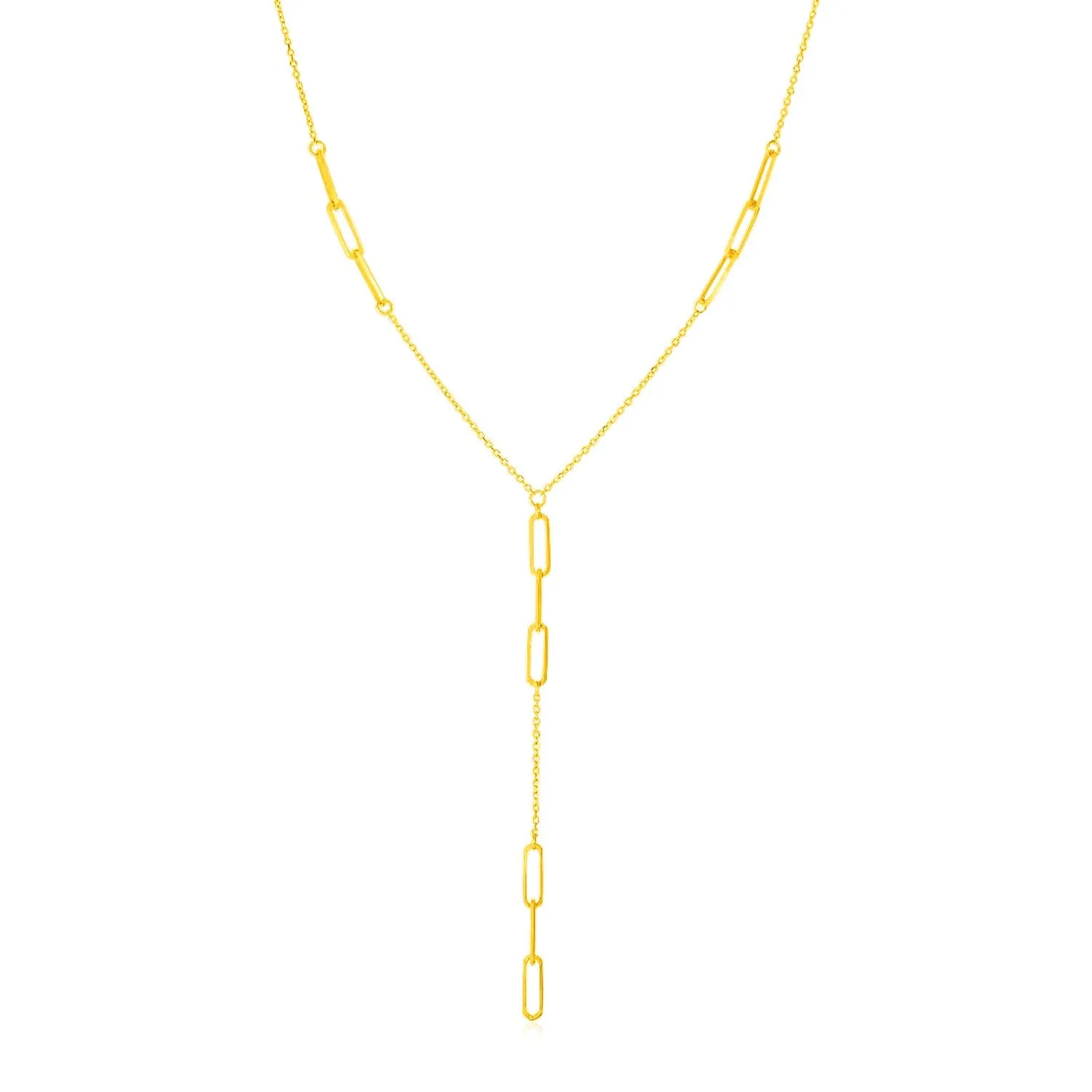 14K Yellow Gold Lariat Necklace with Paperclip Chain Stations