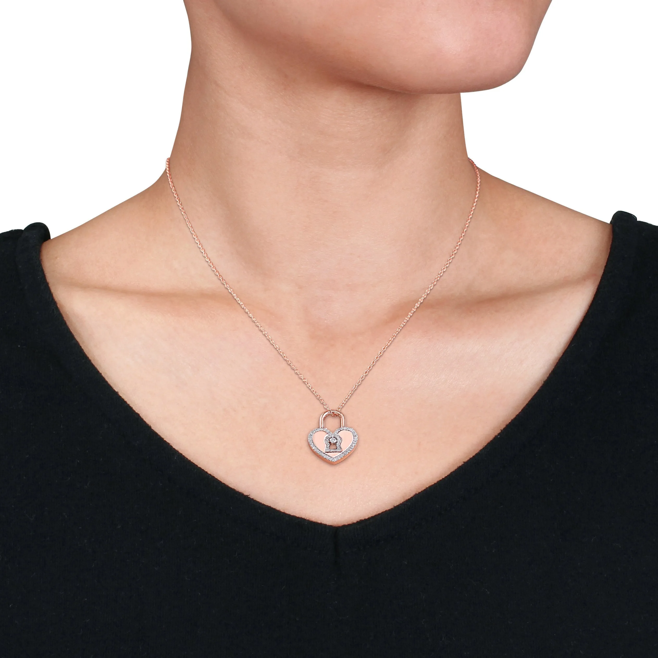 1/5 CT TW Diamond Heart Lock Pendant with Chain in Rose Plated Sterling Silver