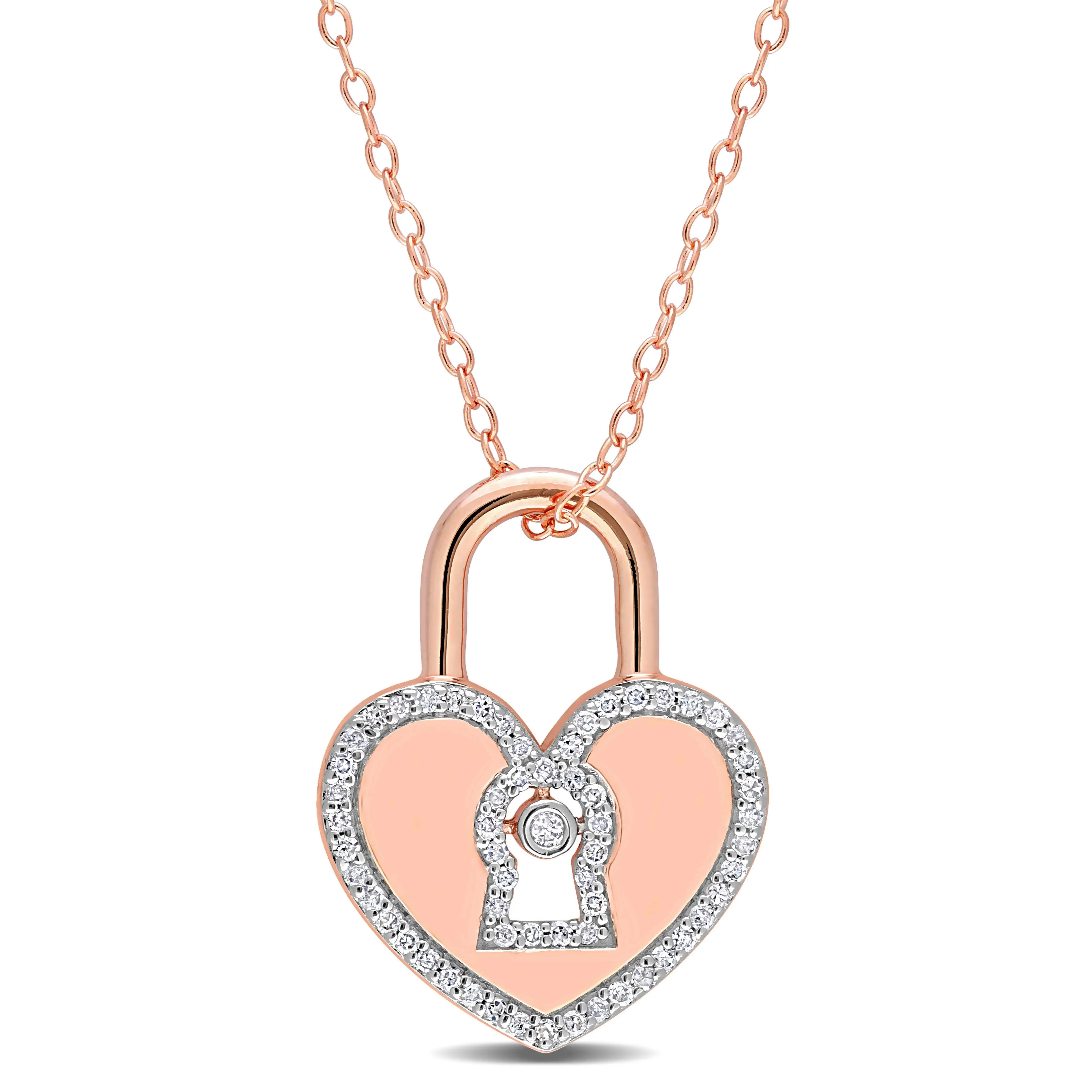 1/5 CT TW Diamond Heart Lock Pendant with Chain in Rose Plated Sterling Silver