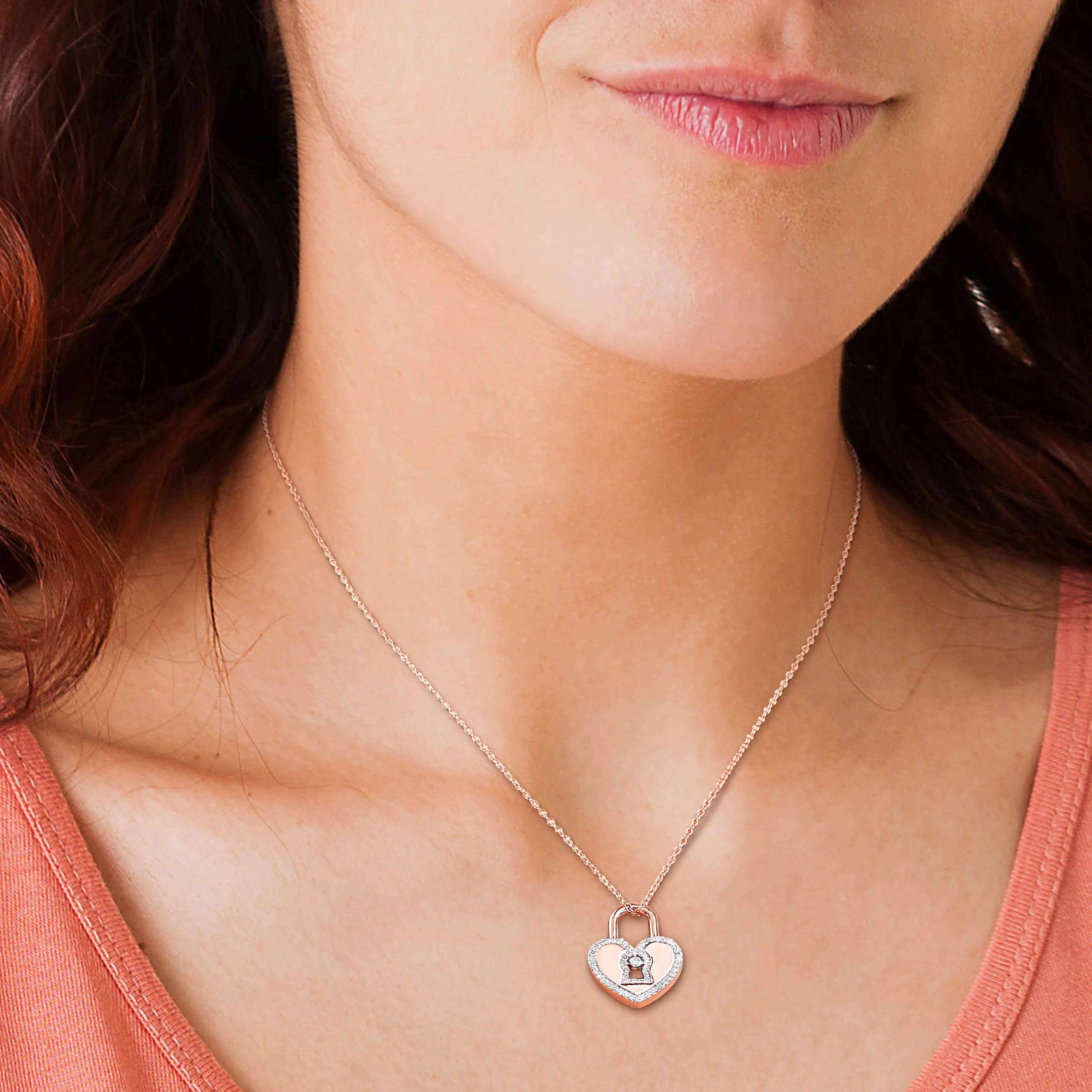 1/5 CT TW Diamond Heart Lock Pendant with Chain in Rose Plated Sterling Silver