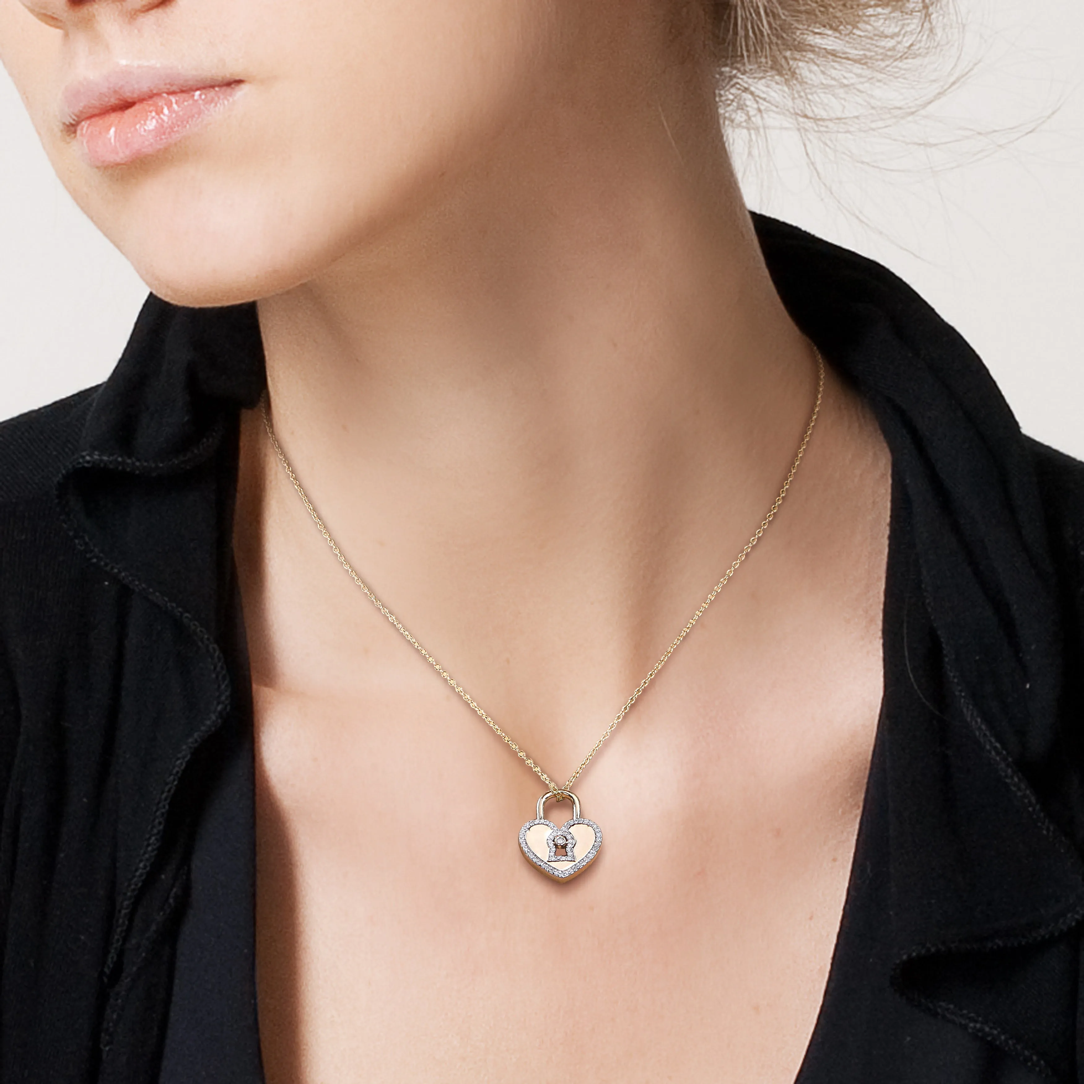 1/5 CT TW Diamond Heart Lock Pendant with Chain in Yellow Plated Sterling Silver