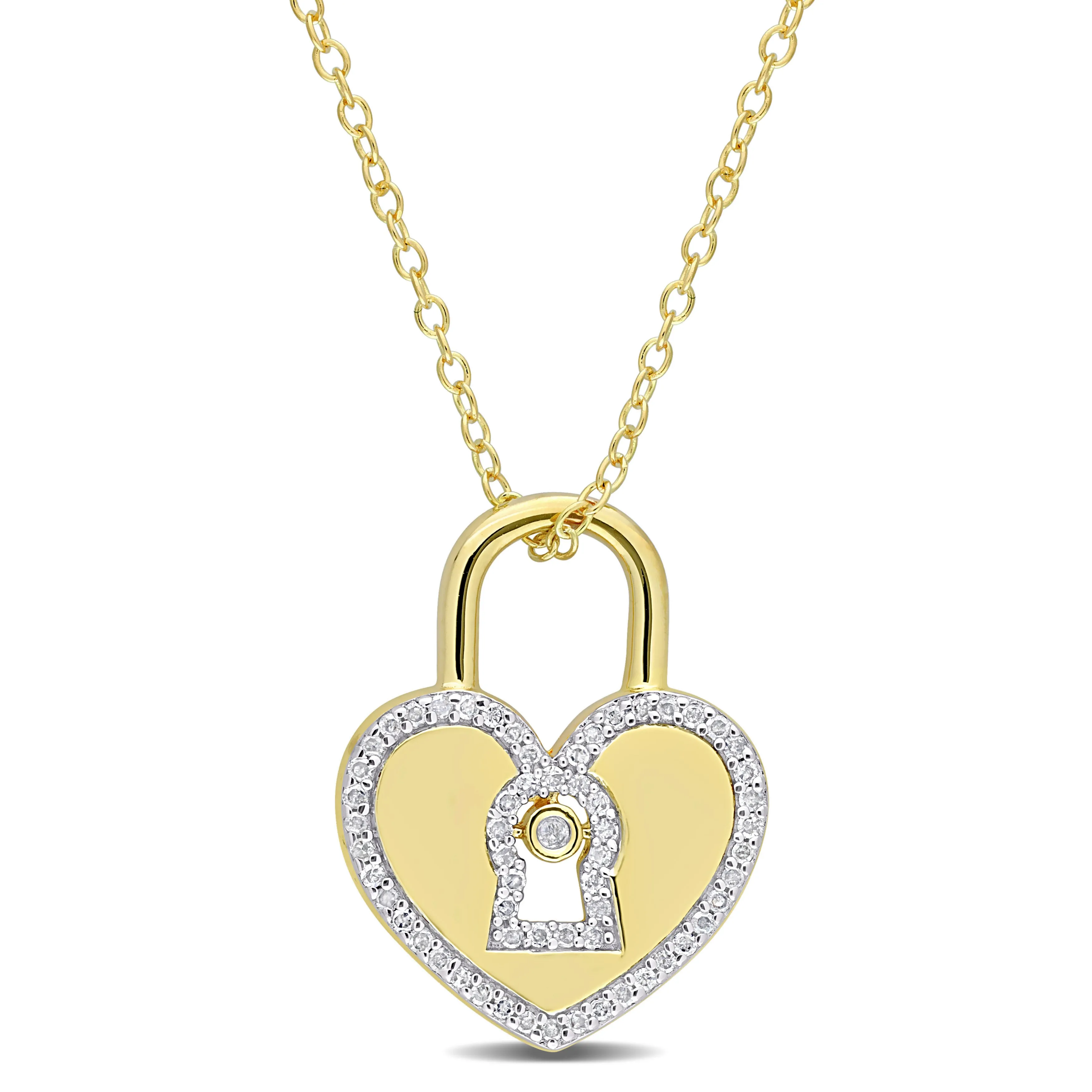 1/5 CT TW Diamond Heart Lock Pendant with Chain in Yellow Plated Sterling Silver