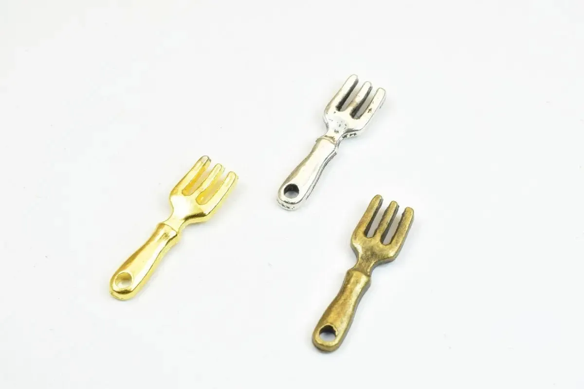 16 PCs Fork Charm Pendant Beads Bronze/Gold/Silver Size 23x6.5mm Decorative Design Metal Beads Hole Size 1.5mm Opening for Jewelry Making
