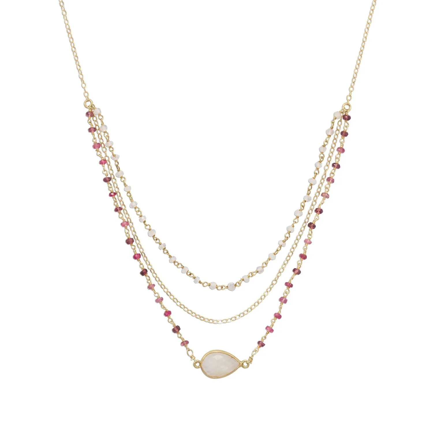 16"   2" Gold Filled Rainbow Moonstone and Tourmaline Necklace