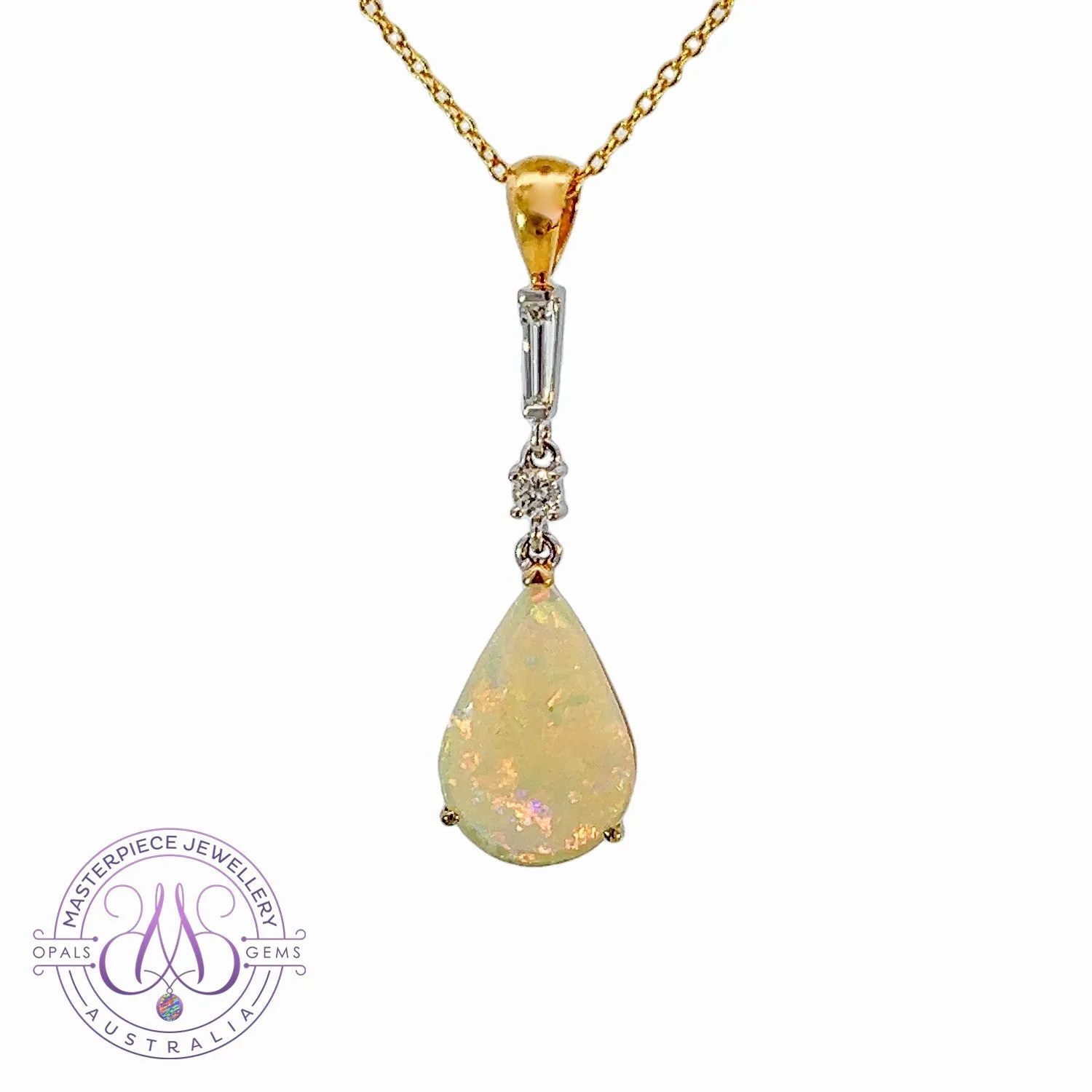 18kt Yellow and White Gold White Fire Opal pearshape 3.1ct and Diamond pendant dangling