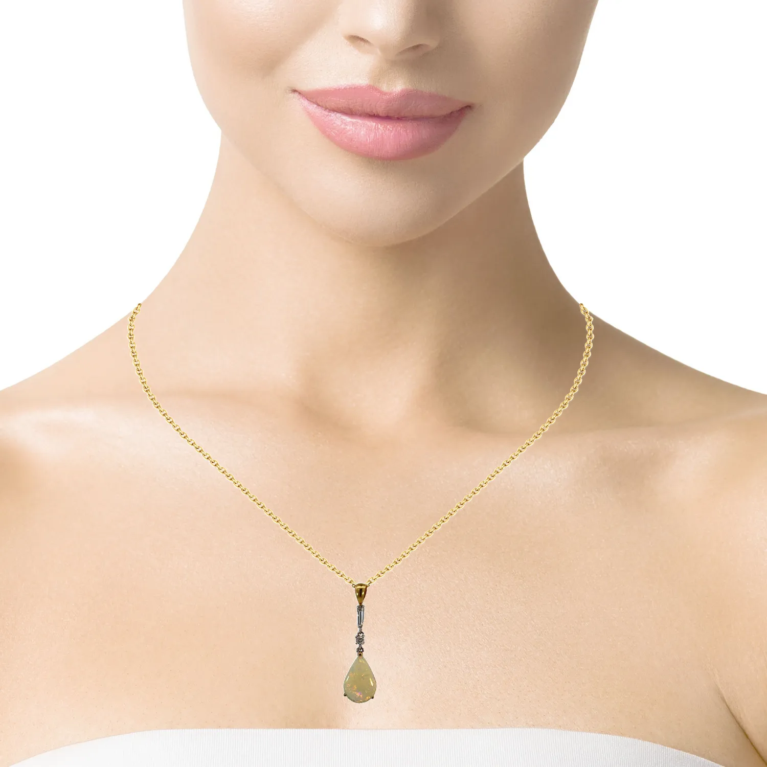 18kt Yellow and White Gold White Fire Opal pearshape 3.1ct and Diamond pendant dangling