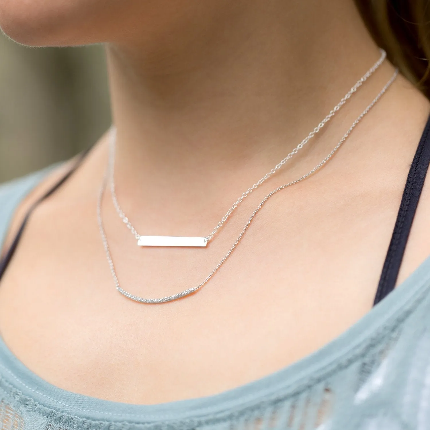 18"   2" Rhodium Plated Curved CZ Bar Necklace