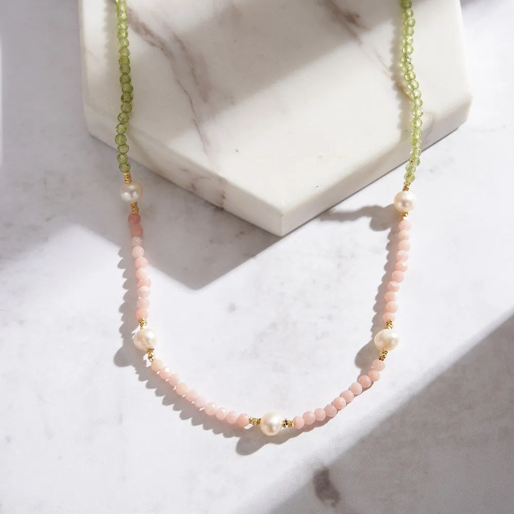 925 Silver Peridot Pink Opal Pearl Necklace