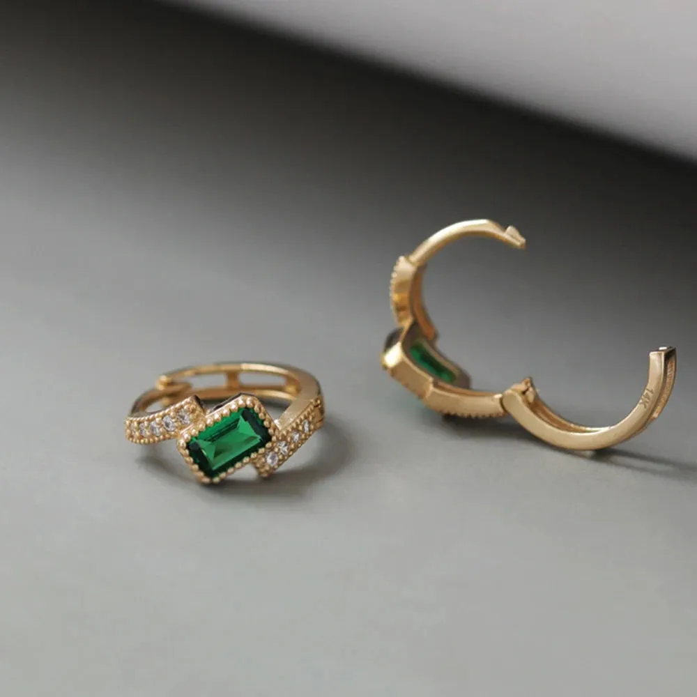 925 Sterling Silver Hoop Earrings Charm Jewelry - Square Emerald Zircon - Xm351