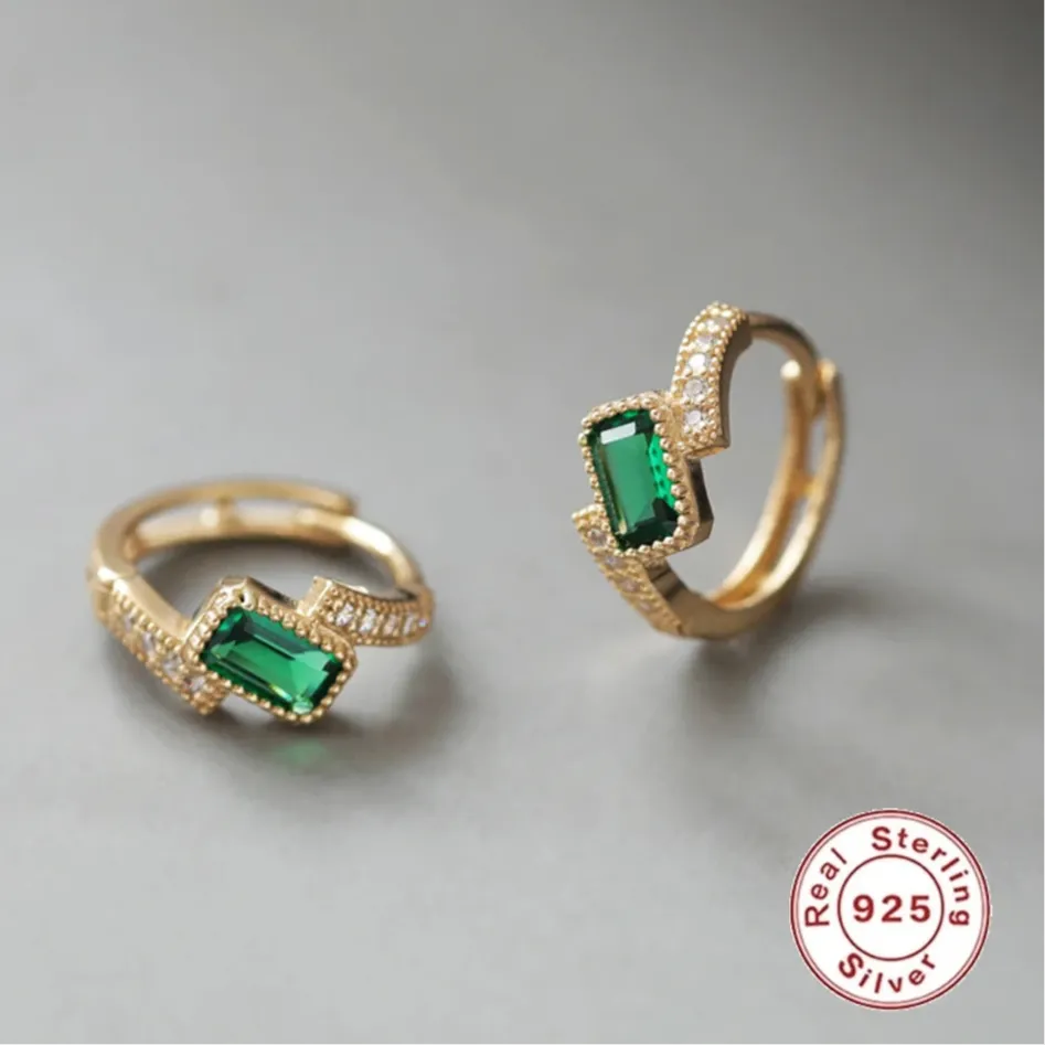 925 Sterling Silver Hoop Earrings Charm Jewelry - Square Emerald Zircon - Xm351