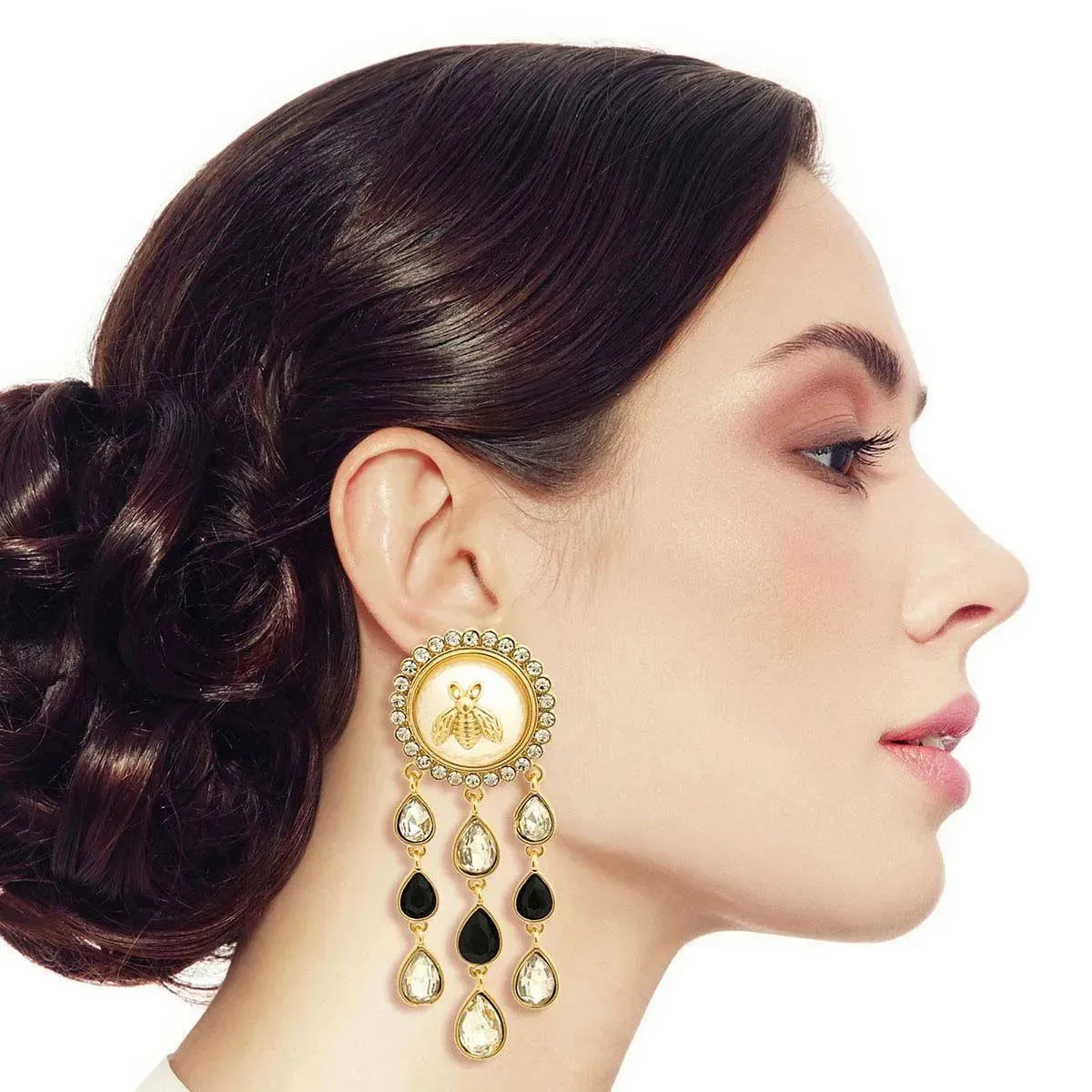Bee Stud Linked Clear/Black Droplet Dangle Earrings Gold Plated