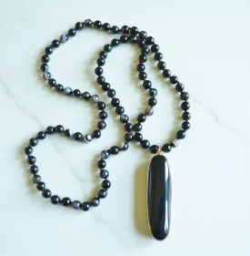 Black Agate Bead Knotted Pendant Long Statement Necklace - Freya