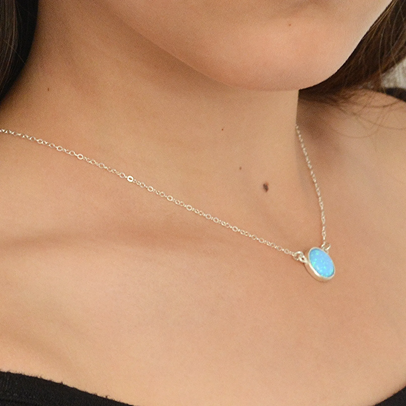 Blue Opal Pendant Necklace Sterling Silver Gemstone Circle 10mm Opal Pendant
