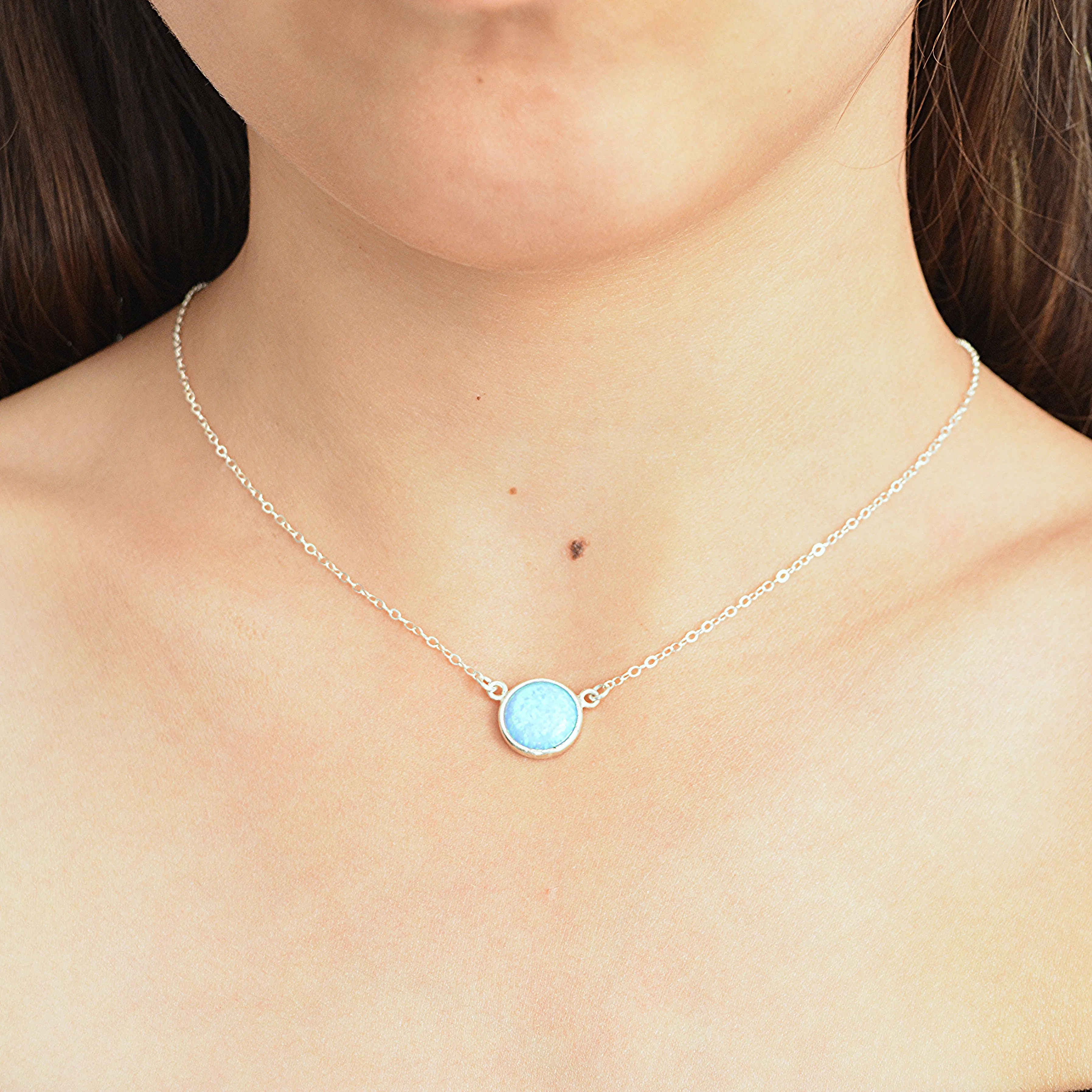 Blue Opal Pendant Necklace Sterling Silver Gemstone Circle 10mm Opal Pendant