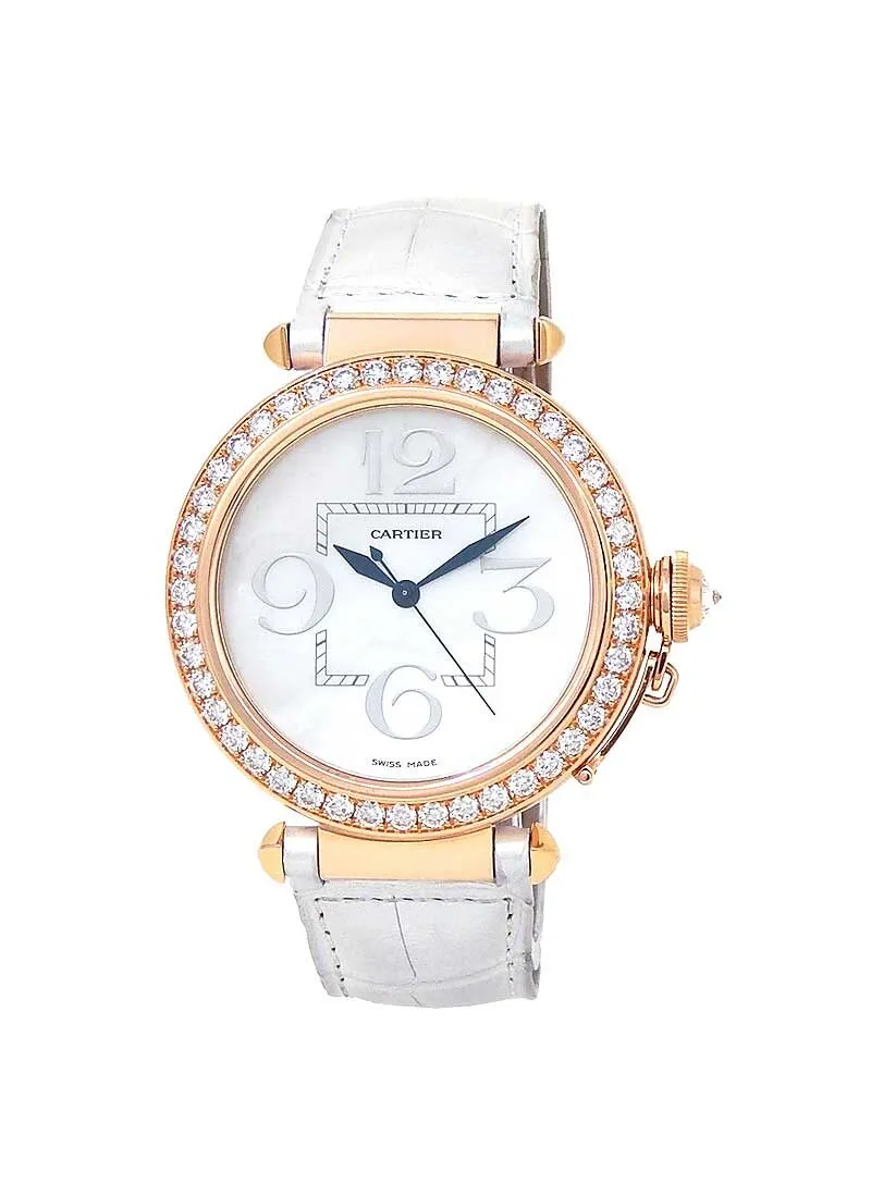 Cartier Pasha Mother of Pearl 18kt Rose Gold White Leather Ladies Watch WJ124005