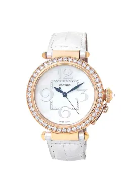 Cartier Pasha Mother of Pearl 18kt Rose Gold White Leather Ladies Watch WJ124005