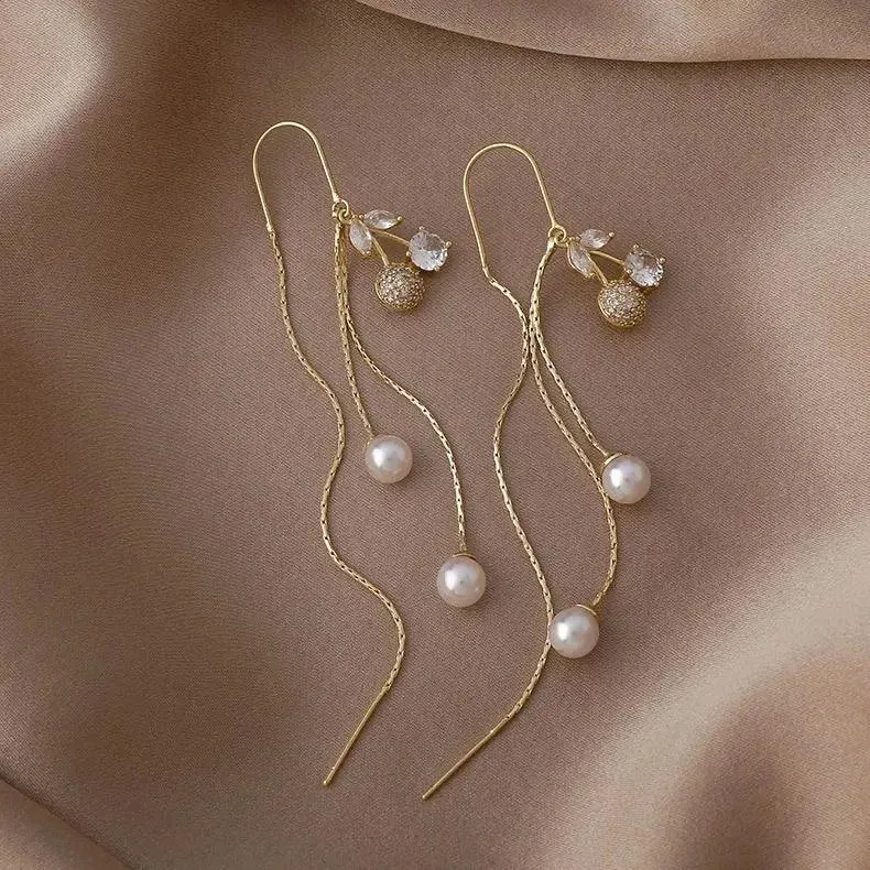 Classic Pearl Fashion Heart Long Earrings Charm Jewelry XYS0300