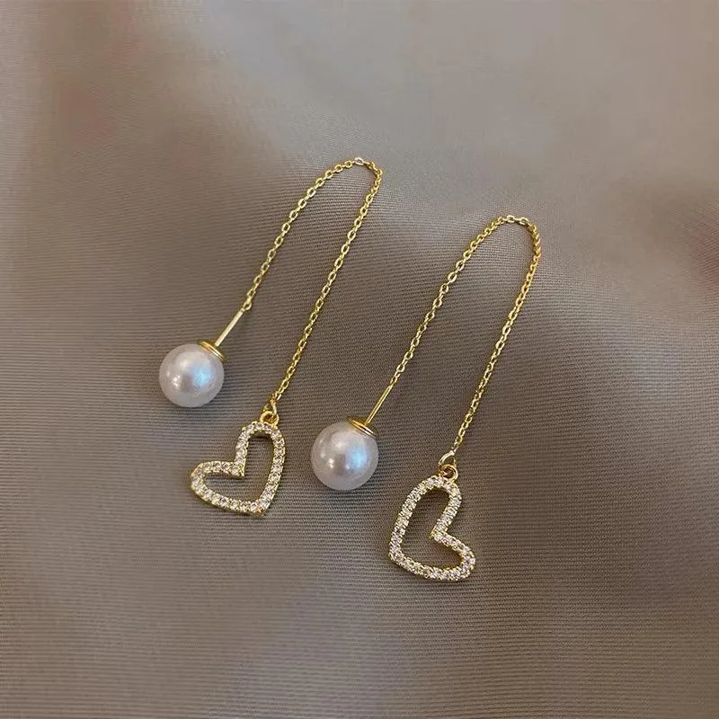 Classic Pearl Fashion Heart Long Earrings Charm Jewelry XYS0300