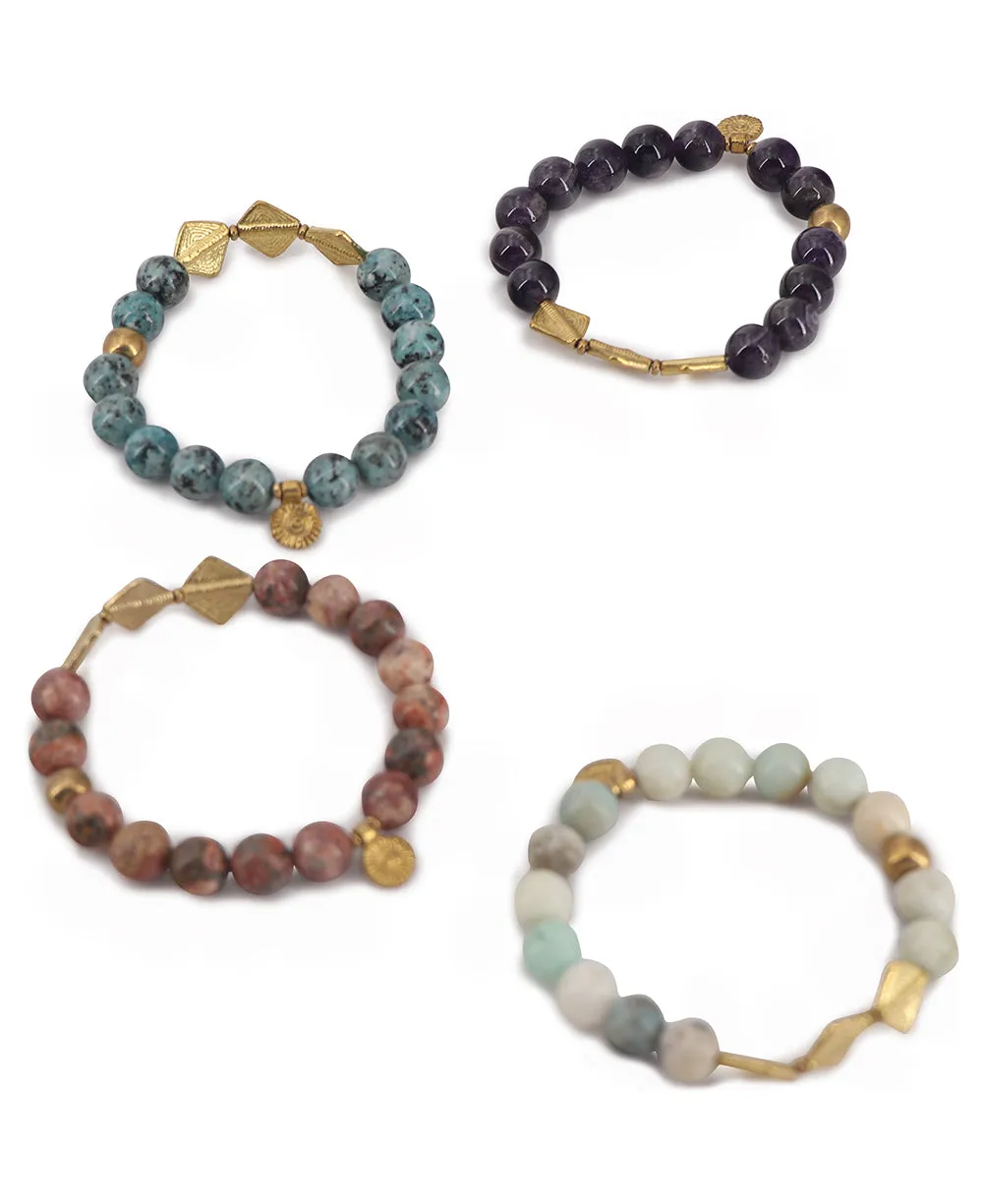 Colorful Gemstone Beads Stretch Bracelets With Brass Charms