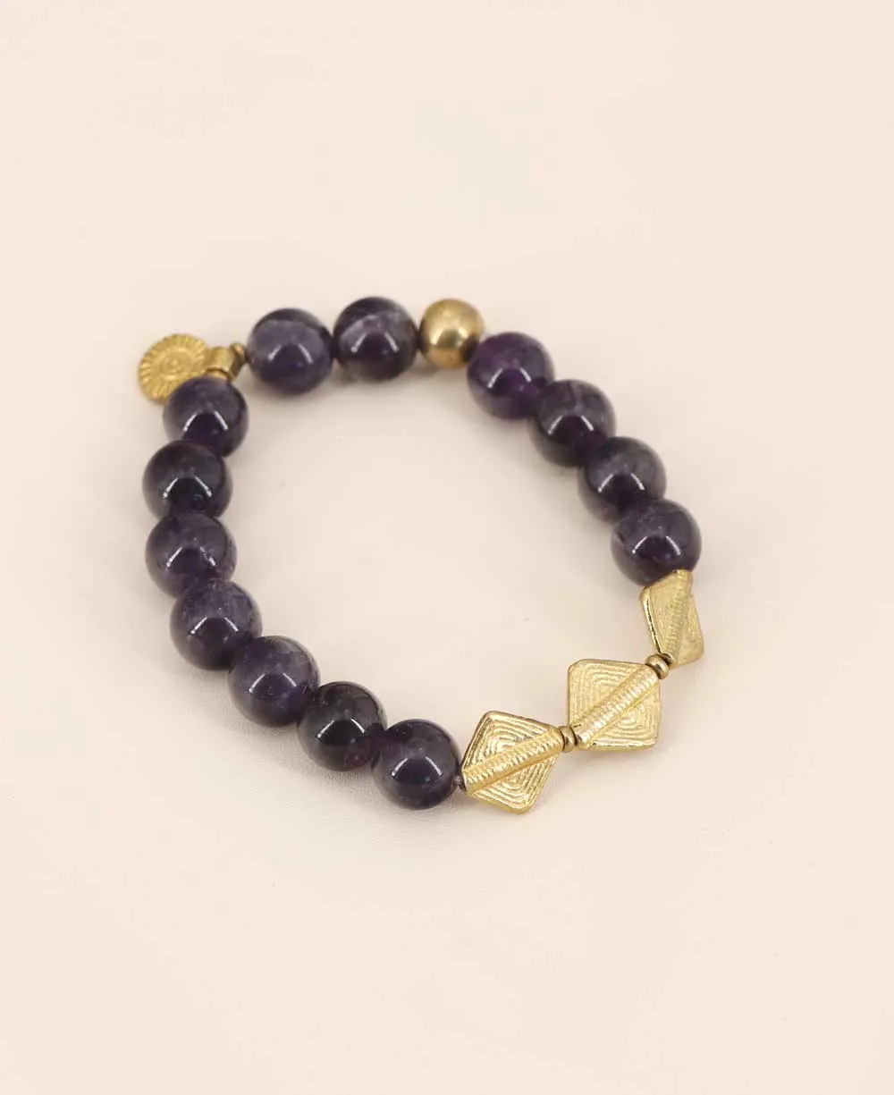 Colorful Gemstone Beads Stretch Bracelets With Brass Charms