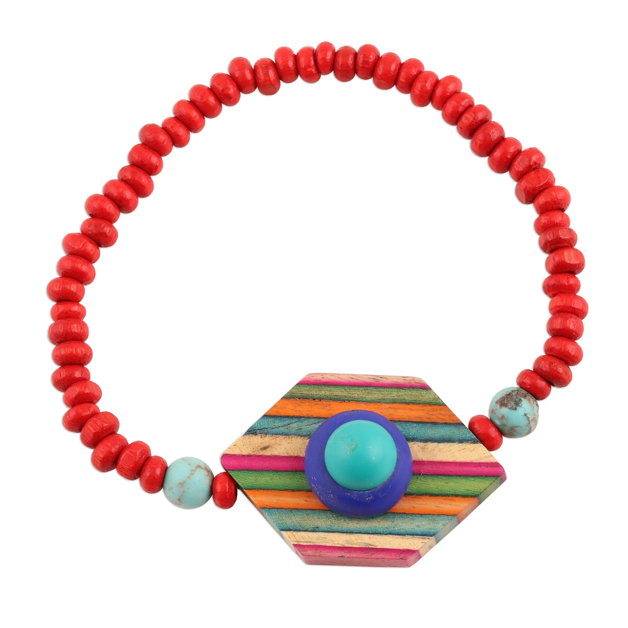 Colorful Wood Beaded Pendant Bracelet from India - Colorful Hex | NOVICA
