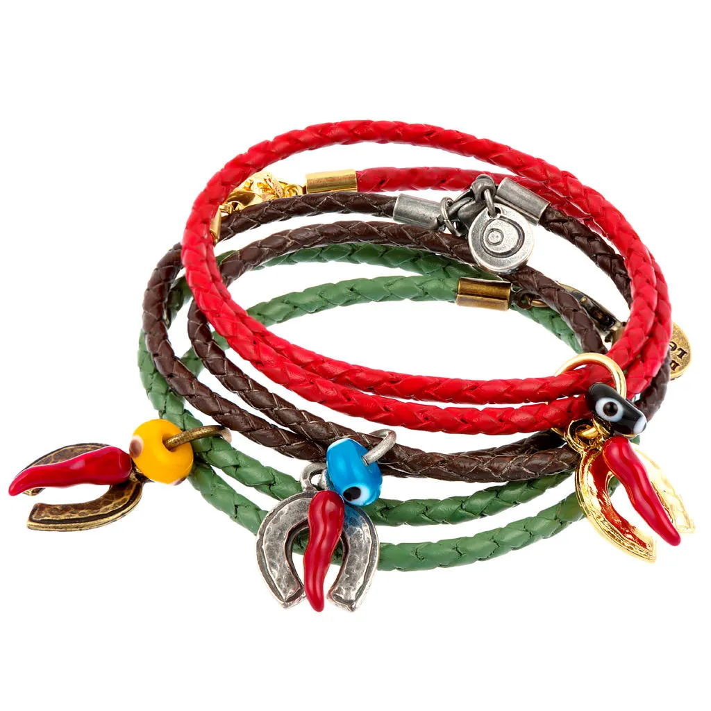 Cornicello Horseshoe Evil Eye Charm Double Leather Braid Bracelet