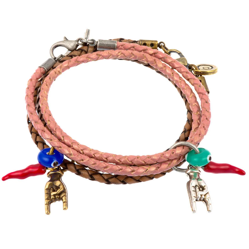 Cornicello Mano Hand Evil Eye Charm Double Leather Braid Bracelet