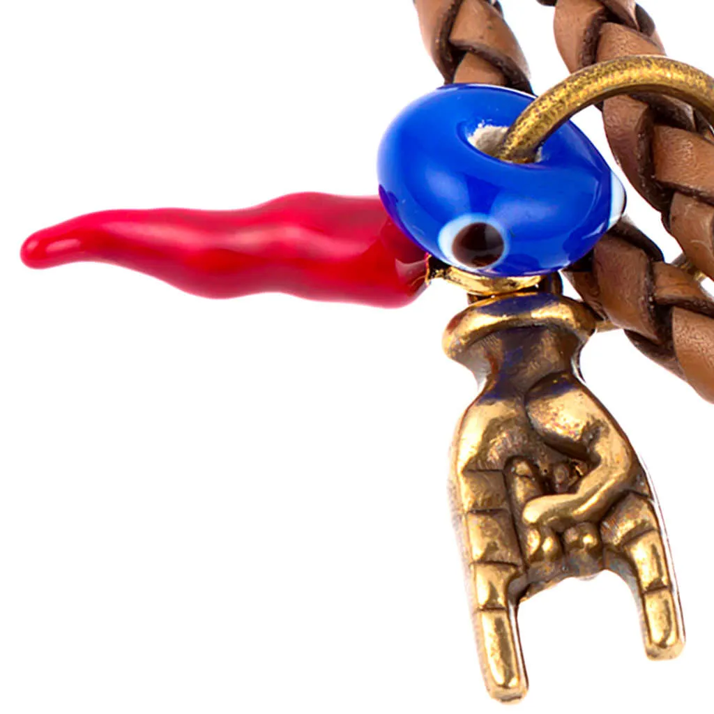 Cornicello Mano Hand Evil Eye Charm Double Leather Braid Bracelet