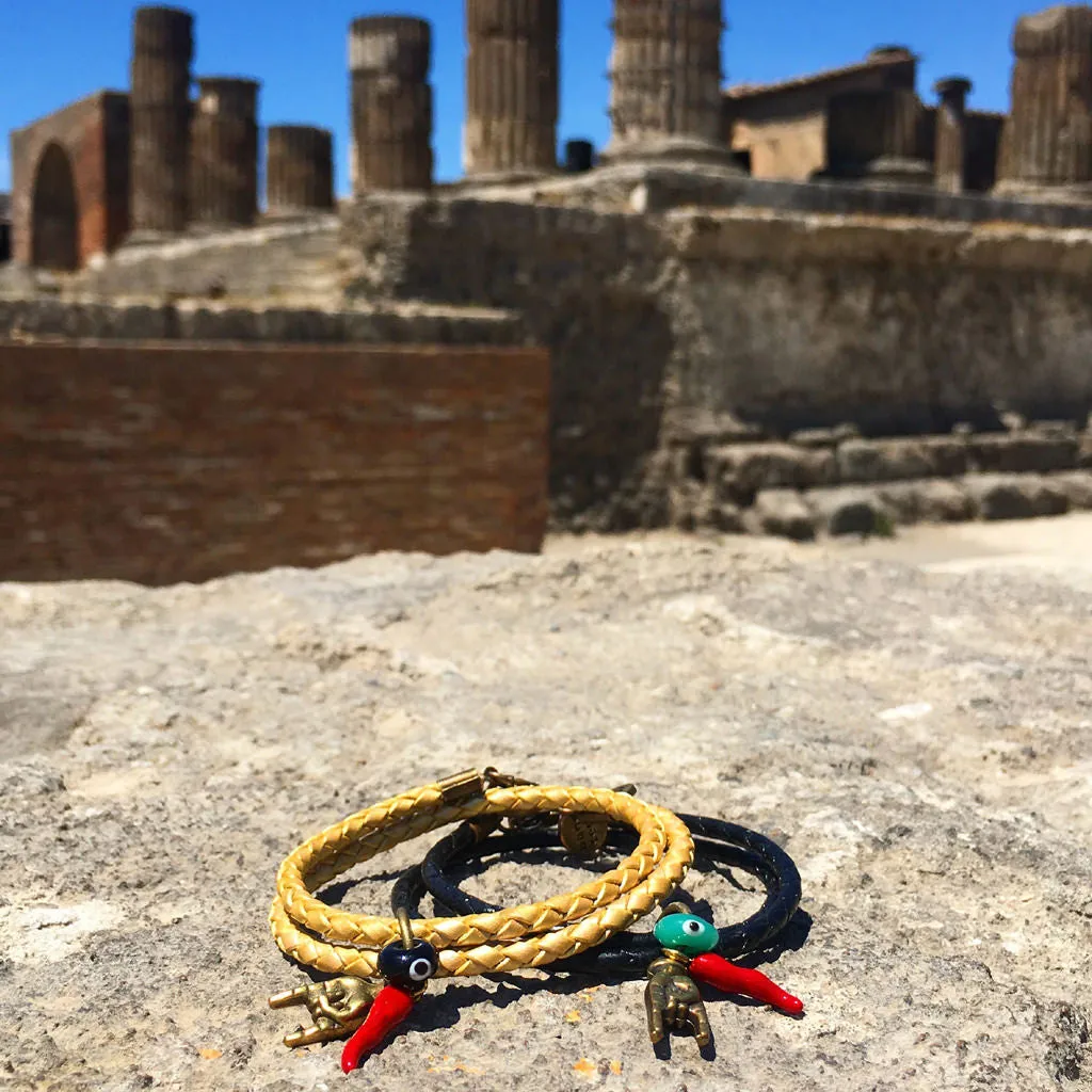 Cornicello Mano Hand Evil Eye Charm Double Leather Braid Bracelet