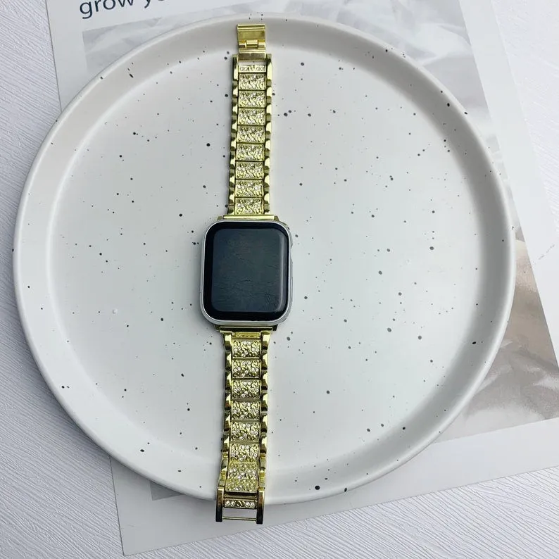 Diamond Apple Watch Band, 38mm 40mm 42mm 44mm, Women Gold Bracelet, Gold iWatch Band, Metal Stainless Steel Strap, 7/6/5/4/3/2/1, Mom Gift