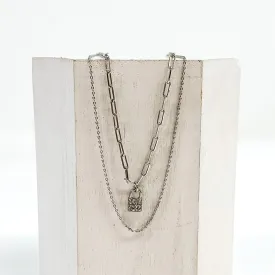 Double Strand Necklace with Crystal Lock Charm in Silver
