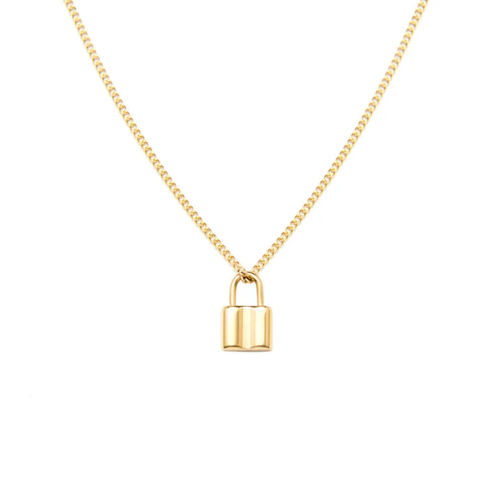 Elegant East Asian Fusion Lock Pendant Choker Necklace in Titanium Steel Gold