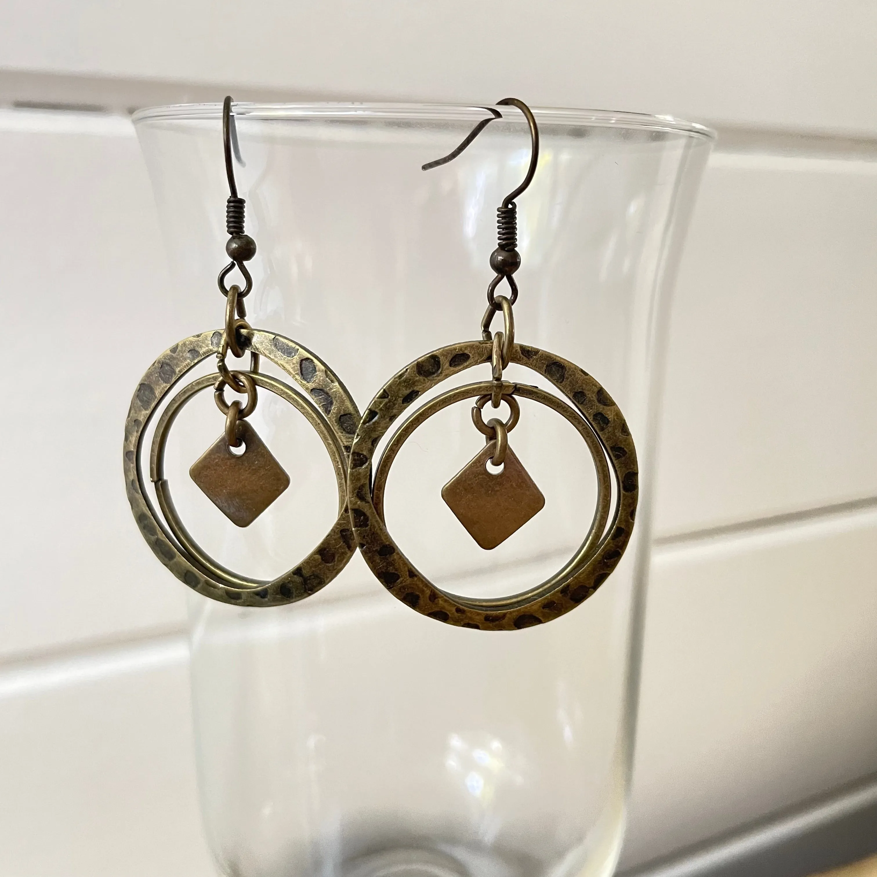 Geometric Textured Brass Dangling Hoop Earrings 1.75" Casual Everyday Metal