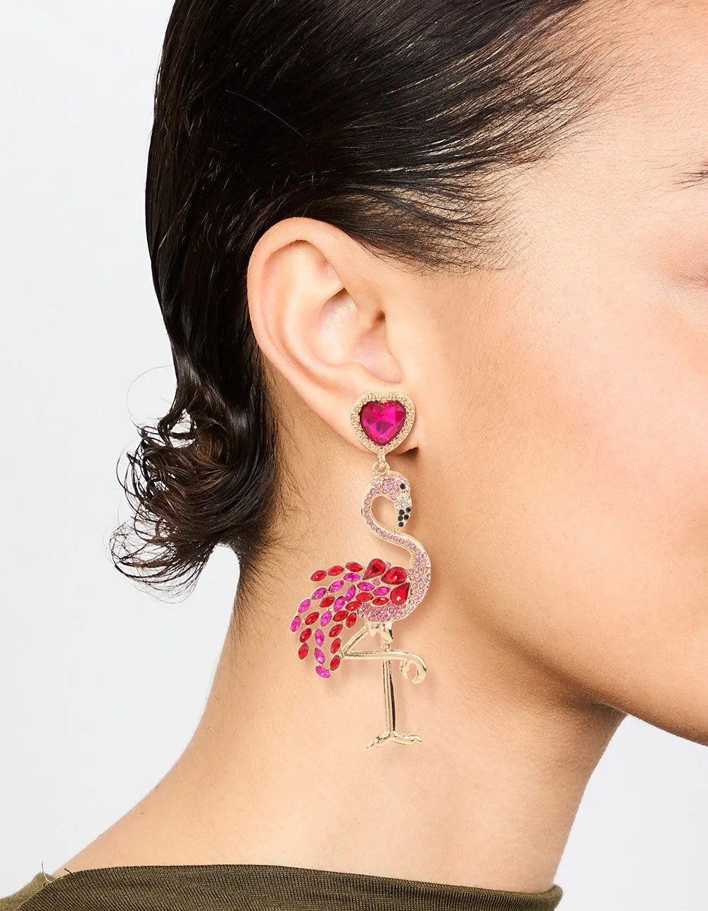 Gold Pink Diamante Flamingo Drop Earrings