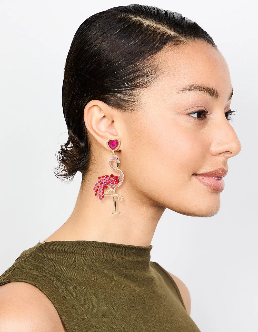 Gold Pink Diamante Flamingo Drop Earrings