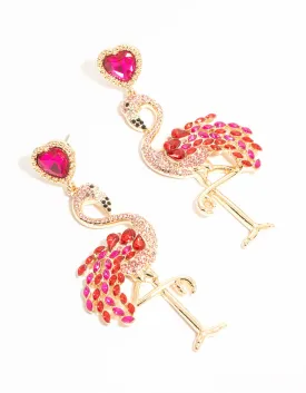 Gold Pink Diamante Flamingo Drop Earrings