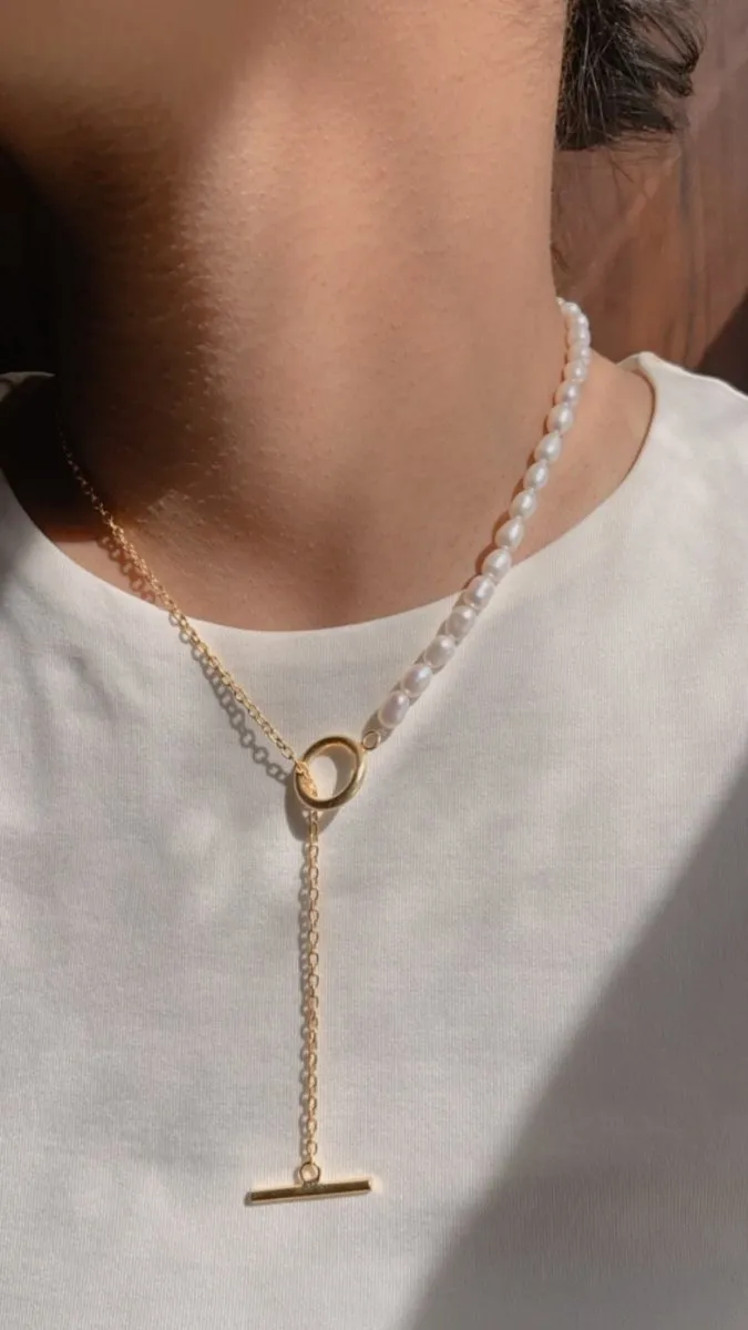 Half & Half Pearl & Paperclip Chain Necklace