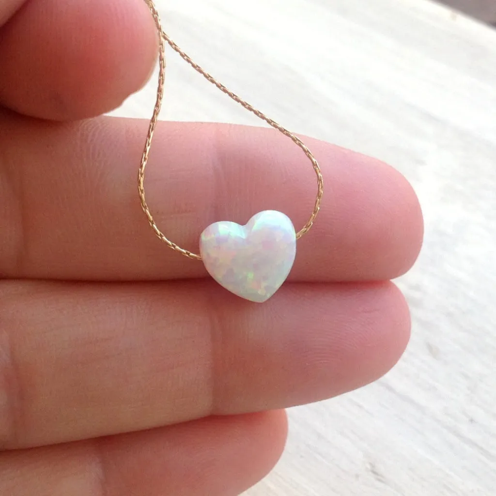 Heart White Opal Charm 14k Gold Filled Necklace