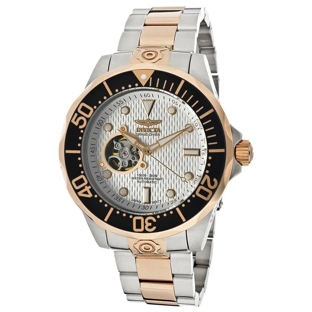 Invicta 13707 Men's Grand Diver White Dial Two Tone Rose Gold Plated Steel Bracelet Automatic Dive Watch