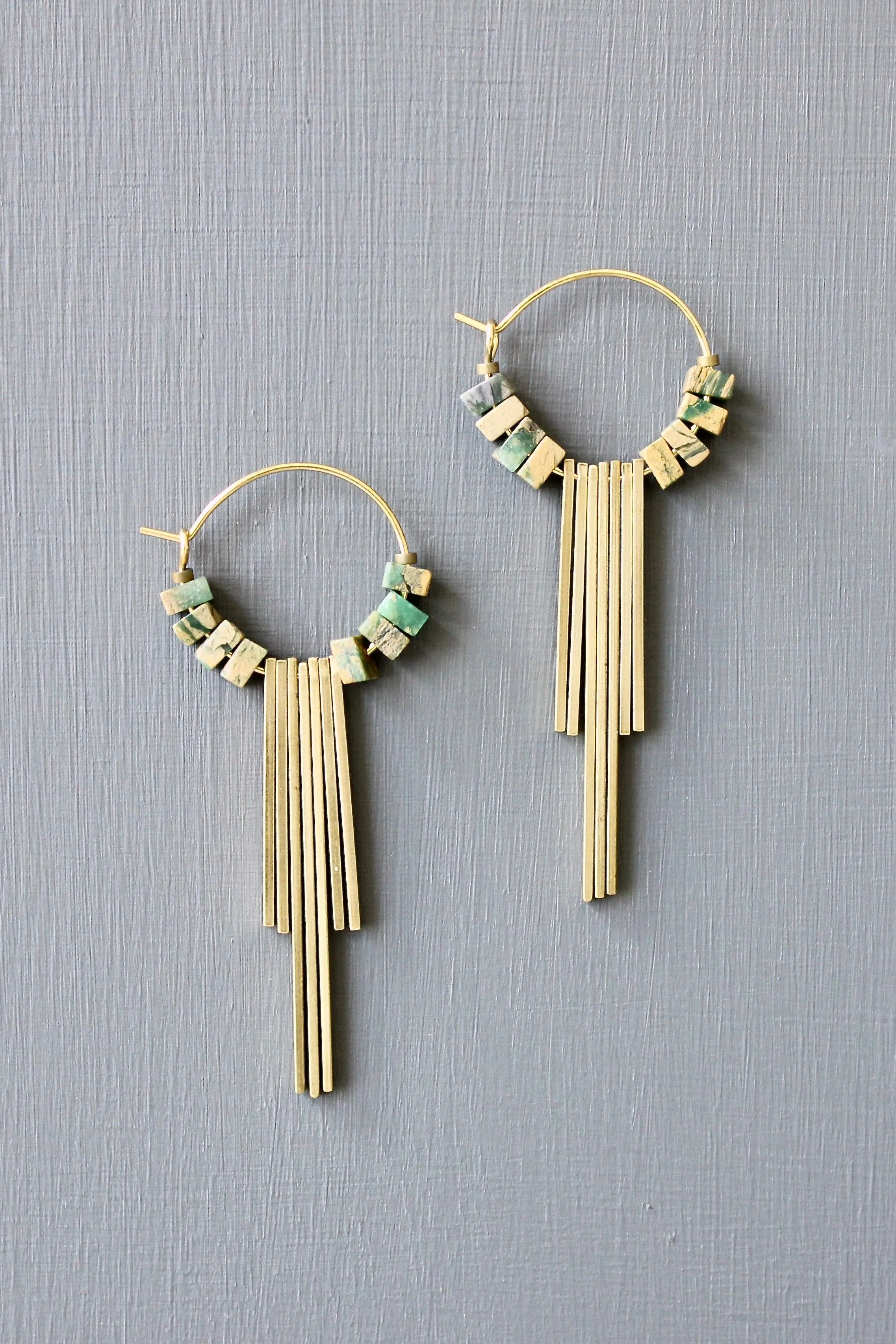 Jasper and brass geometric hoop earrings