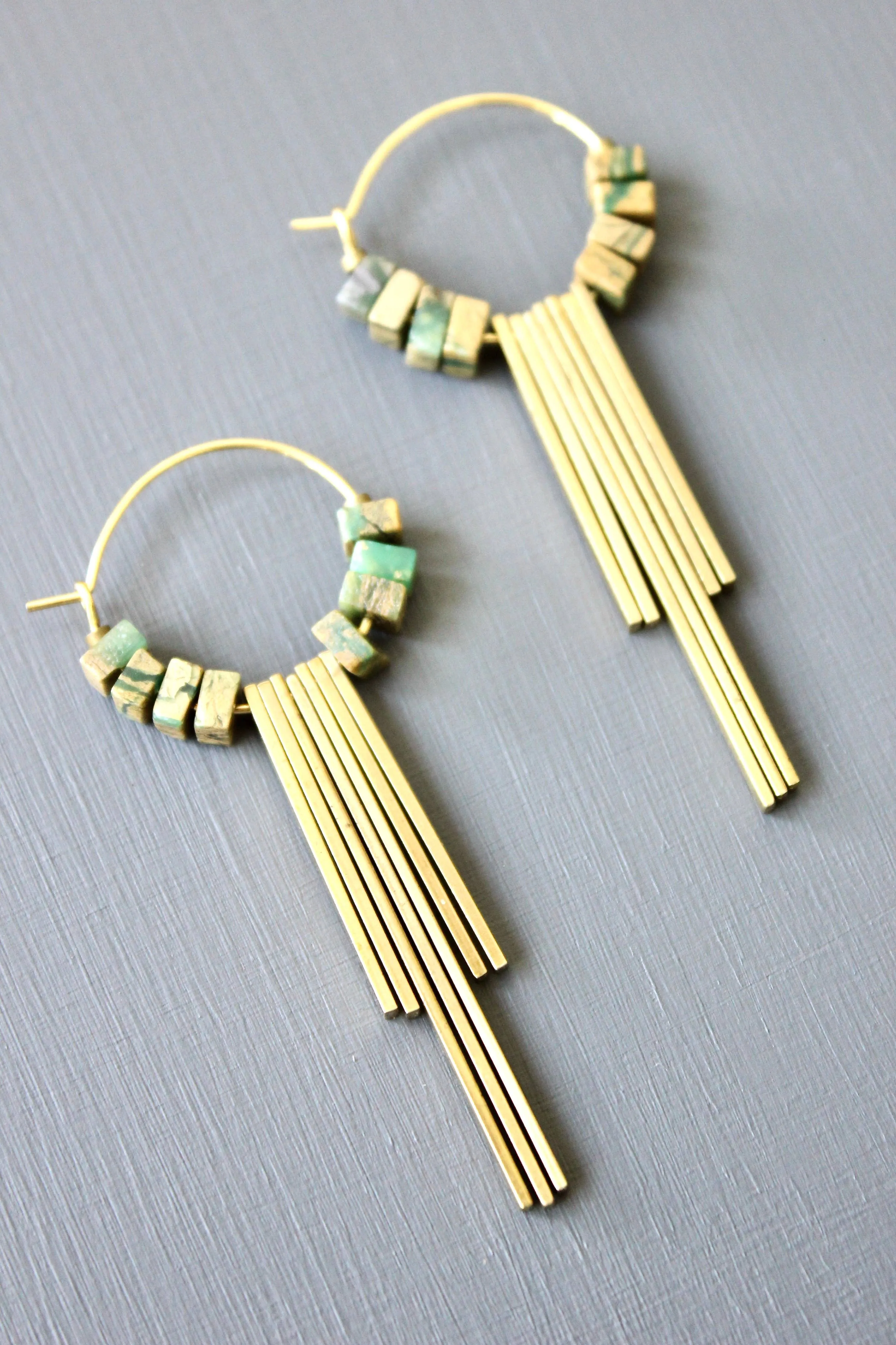 Jasper and brass geometric hoop earrings