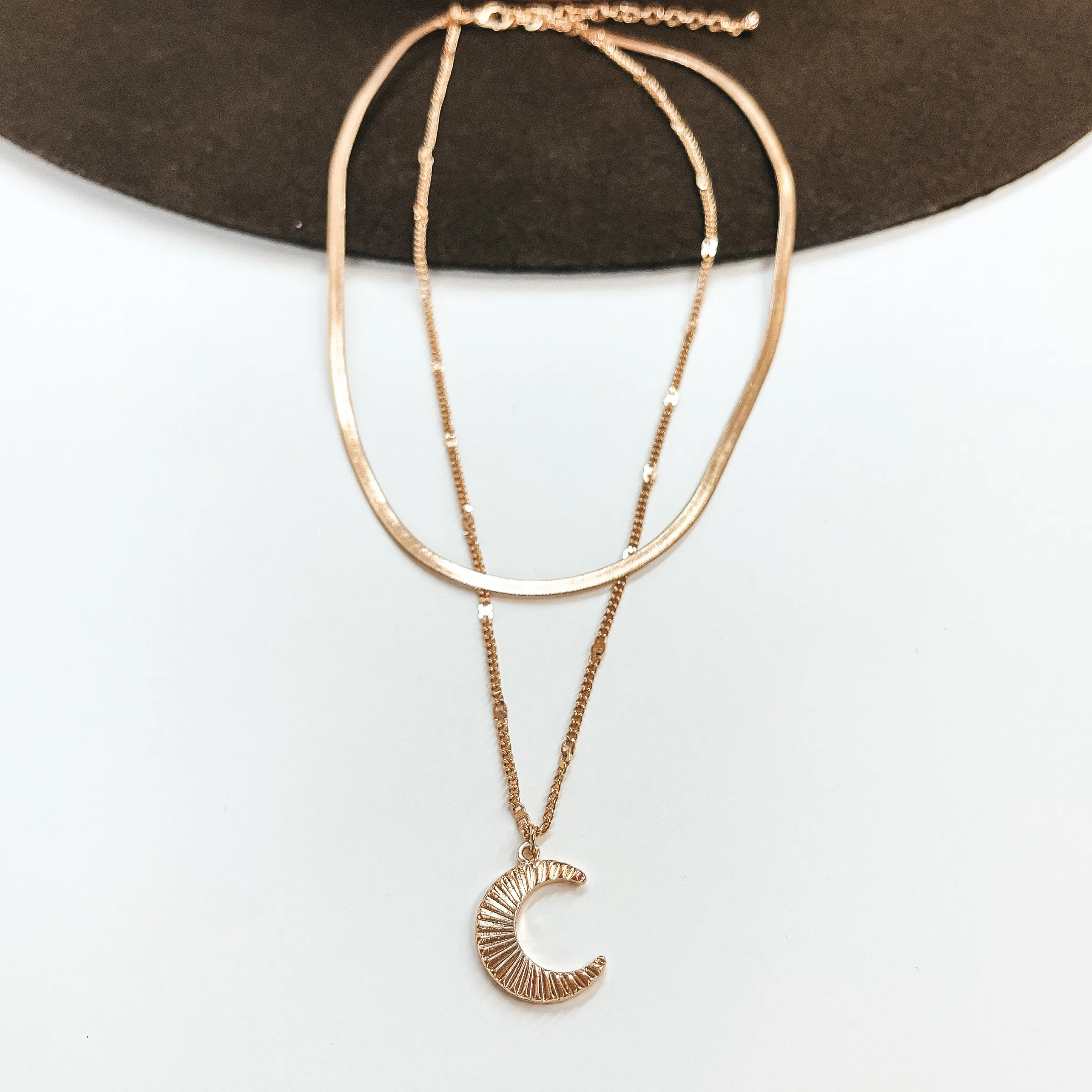 Layered Herringbone Chain Necklace with Moon Pendant in Gold Tone