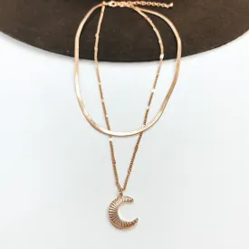 Layered Herringbone Chain Necklace with Moon Pendant in Gold Tone
