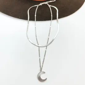 Layered Herringbone Chain Necklace with Moon Pendant in Silver Tone