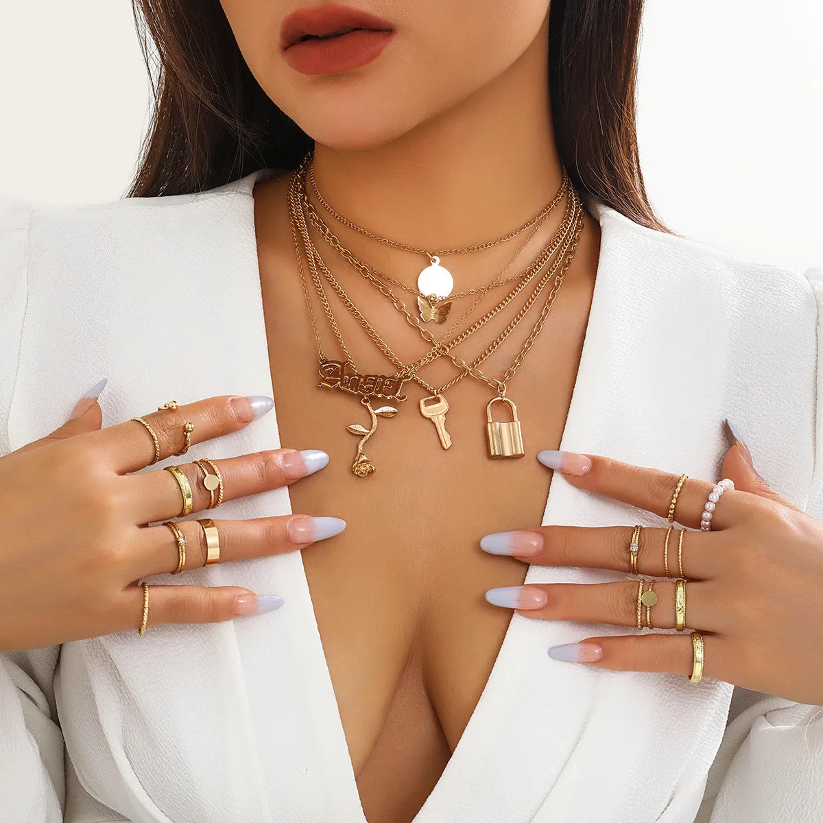 Layered Pearl Necklace Set with Butterfly Lock Pendant Inspired by European and American Designs