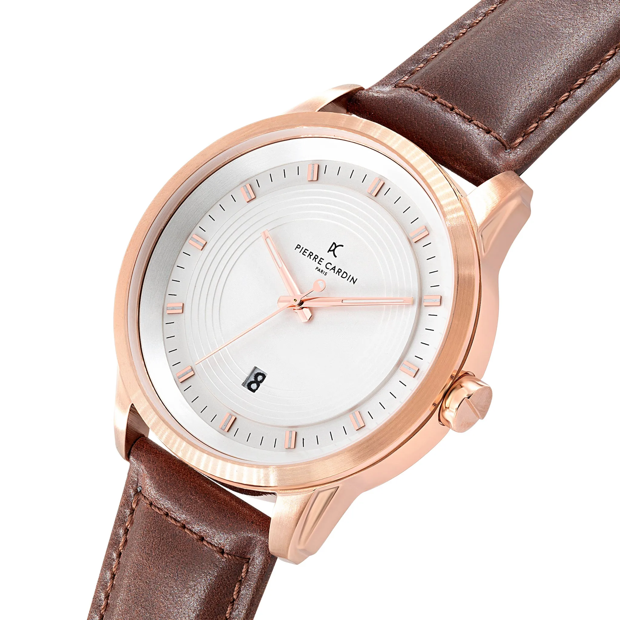 Les Halles Silver Dial Rose Gold Watch with Brown Leather Strap