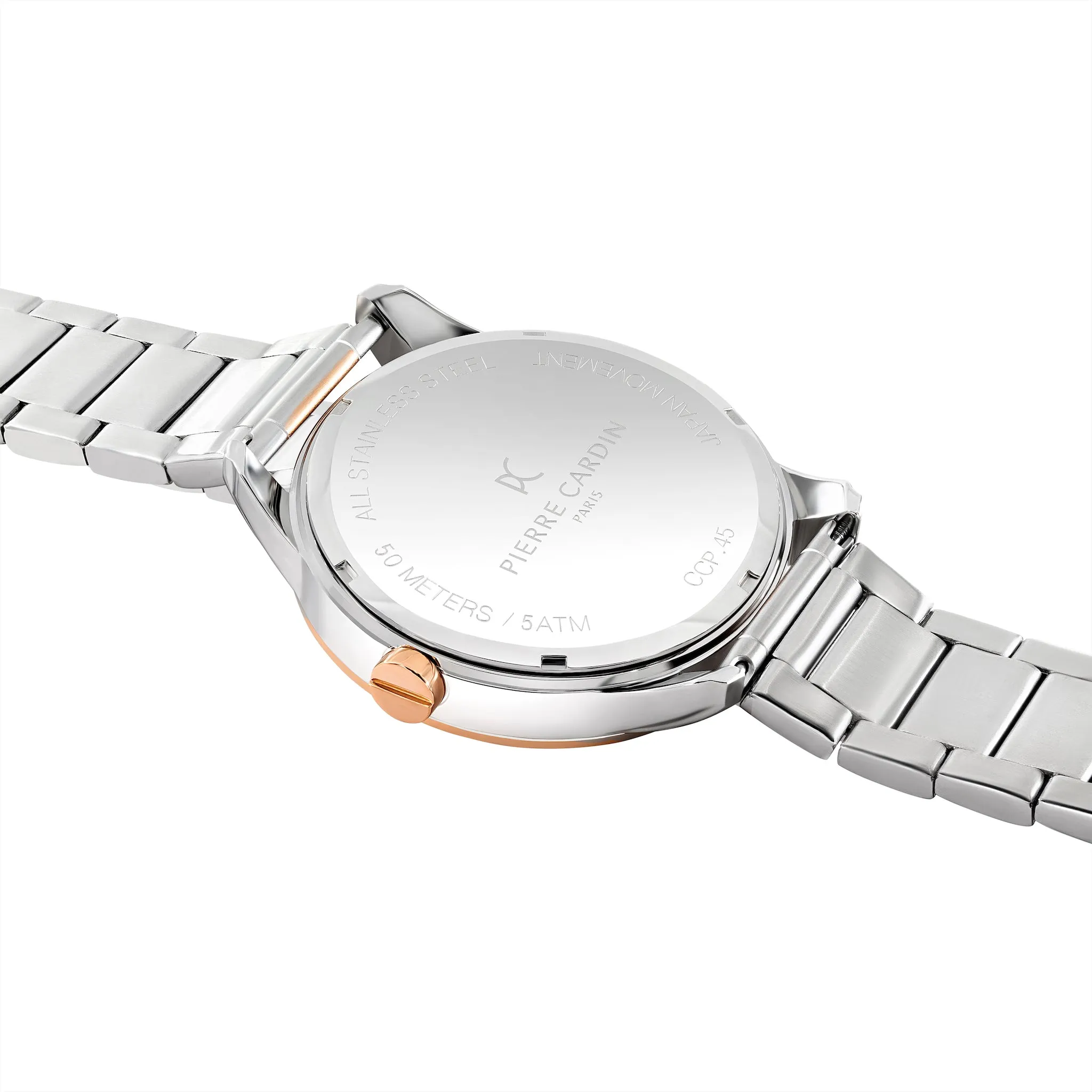 Les Halles White Dial Two Tone Rose Gold and Silver Multifunction Watch with Metal Links Strap
