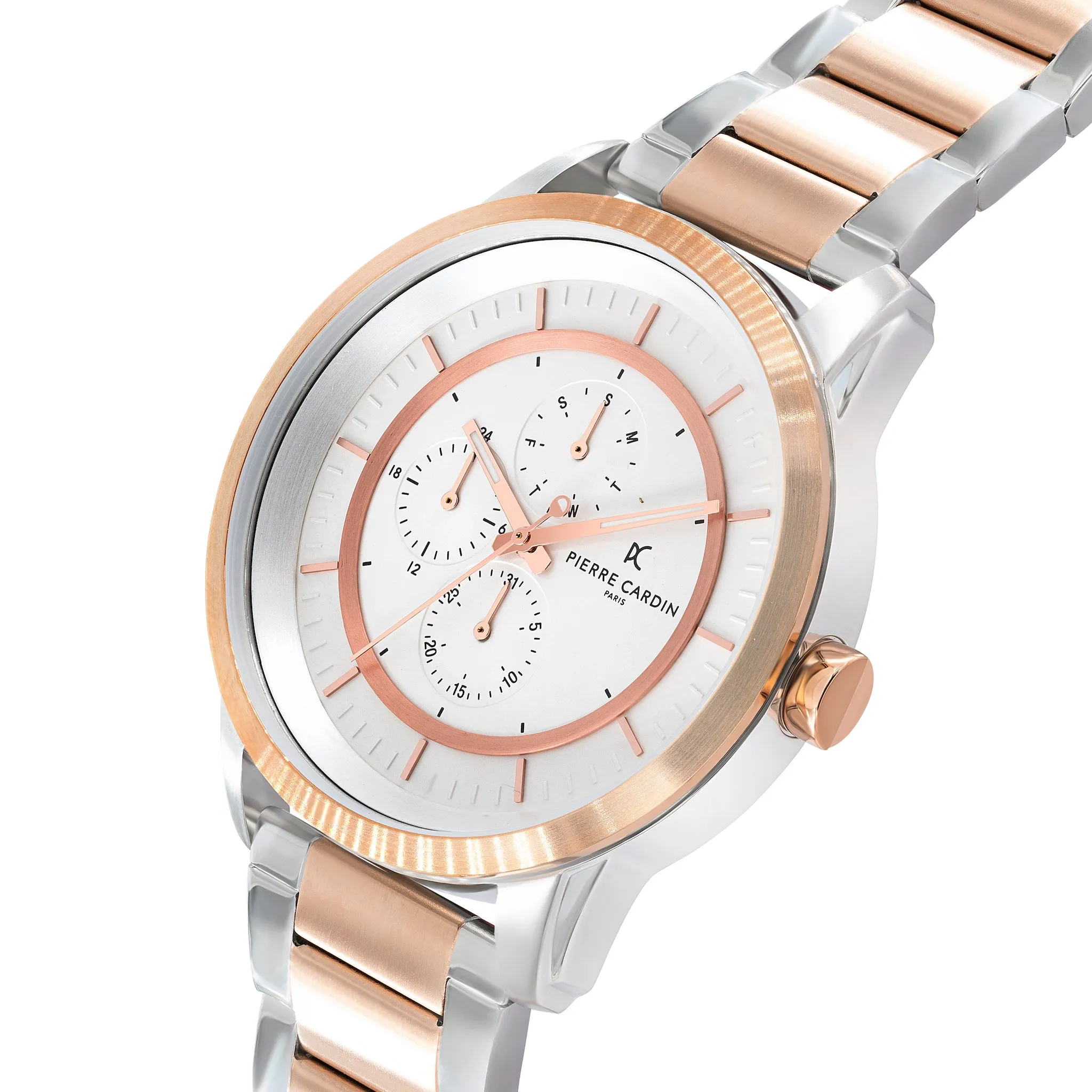 Les Halles White Dial Two Tone Rose Gold and Silver Multifunction Watch with Metal Links Strap