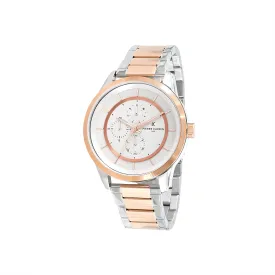 Les Halles White Dial Two Tone Rose Gold and Silver Multifunction Watch with Metal Links Strap